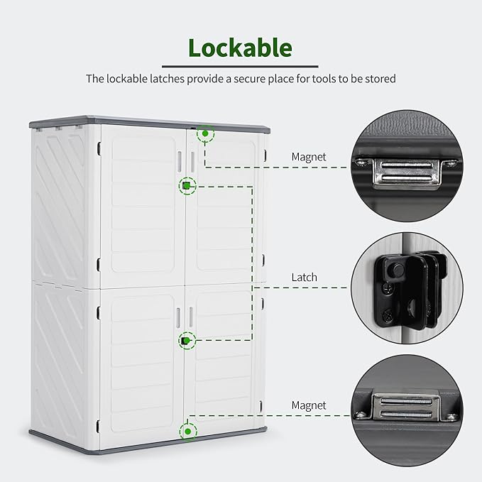 Macrout 50 Cu.Ft Plastic Outdoor Storage Cabinet with Shelves, 4.3 x 2.5 ft Waterproof Resin Outdoor Storage Shed with Floor, Lockable Vertical Shed for Garden and Patio