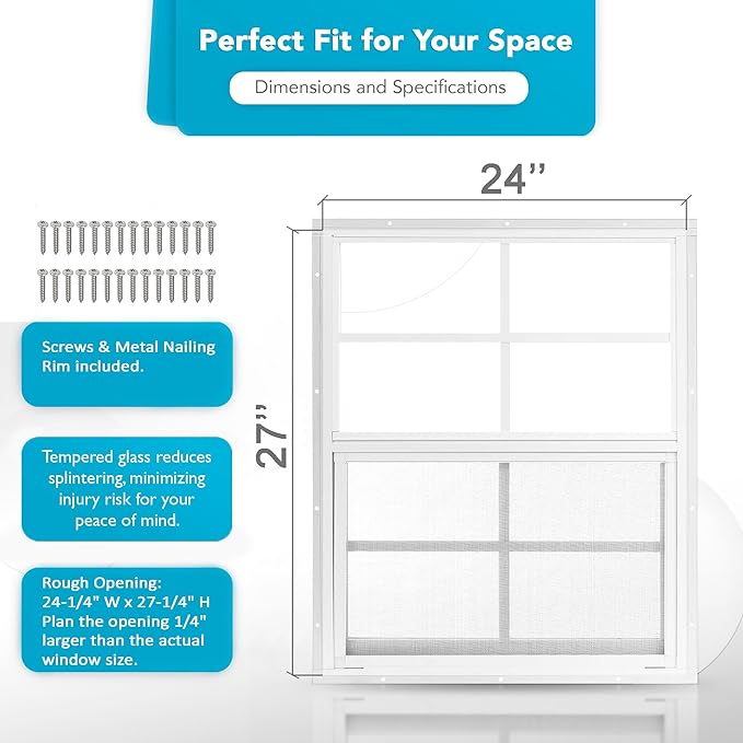 PRO FLEX 2 Pack Shed Window 24" x 27" - Ultra Thick White Aluminum Flush Mount with Tempered Glass and Screen - Shed Windows with Vertical Slider and Screws for Chicken Coop, Sheds, Barns, Playhouses