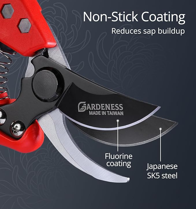 Gardeness Non-Stick Coated Bypass Pruning Shears - Professional Garden Clippers with Comfort Grip Handles, Heavy Duty Hand Secateurs for Trimming Branches, Floral & Yard Work, Arthritis Friendly