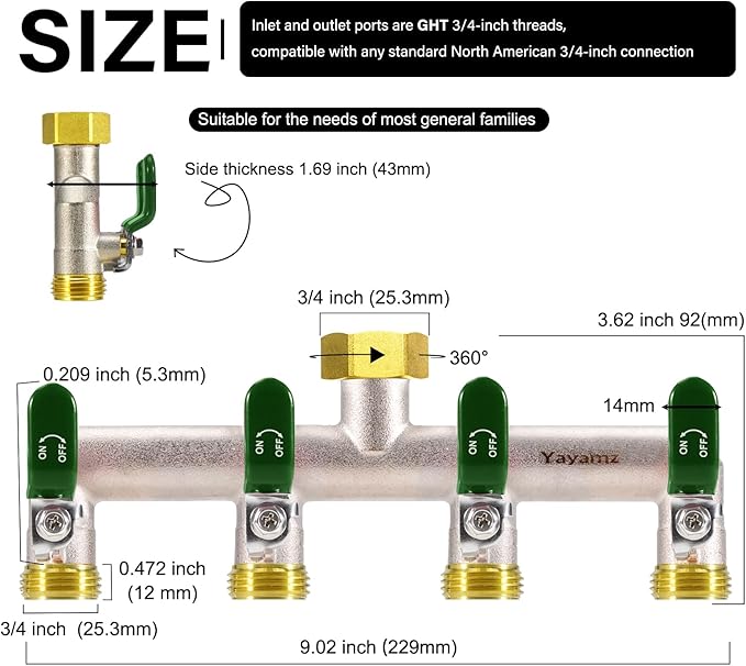 4 Way Garden Hose Splitter, Heavy Duty Brass Nickel Plated Rust Resistant Faucet Manifold, 3/4" Frost Resistant Outdoor Hose Adapter Connector，Hose Spigot Adapter with 4 large Green handles