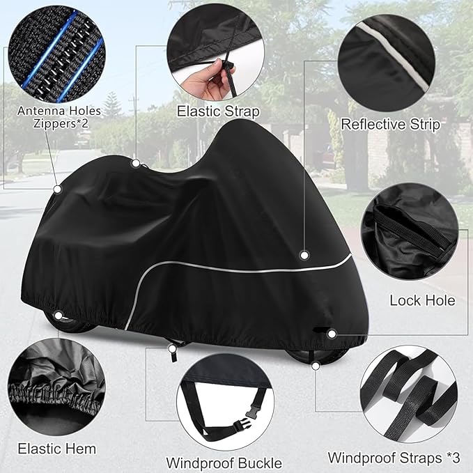 Trike Cover, Waterproof 3 Wheel Motorcycle Cover for Harley Davidson, Honda Goldwing, Kawasaki Trike Accessories, with Windproof Buckle, Reflective Strap, Black
