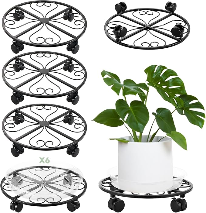 6 Pack Metal Plant Stand With Wheels - 13.5 Inch Heavy Duty Wrought Iron Rolling Caddy - Dolly, Rollers, Cart, Mover With 6 Pack Saucers