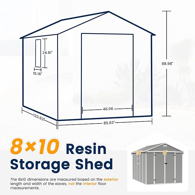 UDPATIO Storage Shed 8 x 10 FT, Resin Sheds & Plastic Outdoor Storage with Floor Large Clearance Outdoors Garden Tool Shed Tuff Outside Patio Shed with Lockable Door for Bike, Garbage Gray White