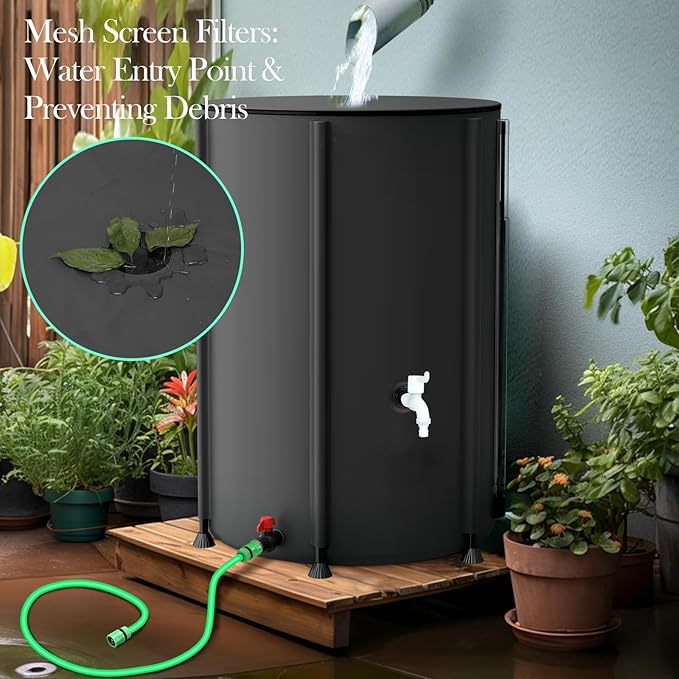 100 Gallon Collapsible Rain Barrel for Garden/Outside/Lawn, Portable Rainwater Collection System, Rain Barrel to Collect Rainwater from Gutter, Water Storage Tank with Two Spigots, Overflow Kit, Black