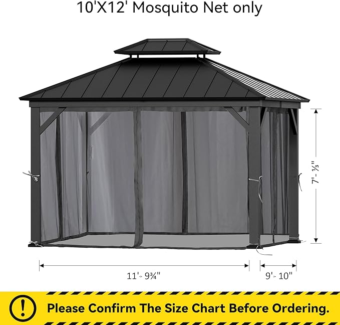 Gazebo Mosquito Netting Replacement Universal 4-Panel Sidewalls 10' x 12', Outdoor Gazebo Mosquito Nettings with Double Zipper, Replacement for Patio, Garden, Grey (Mosquito Net Only)