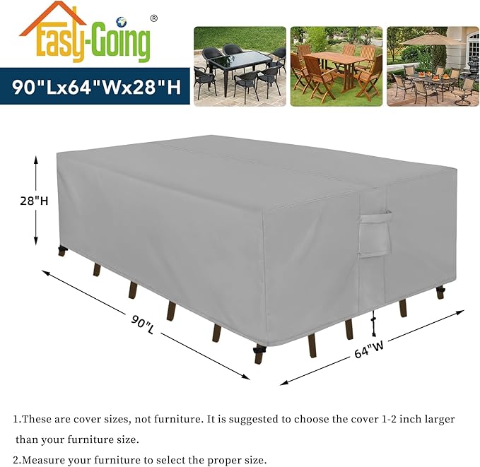 Easy-Going Rectangle Patio Furniture Cover Waterproof Outdoor Dining Table and Chair Cover Anti-UV Outside Sectional Sofa Set Covers (90"L x 64"W x 28"H, Grey)