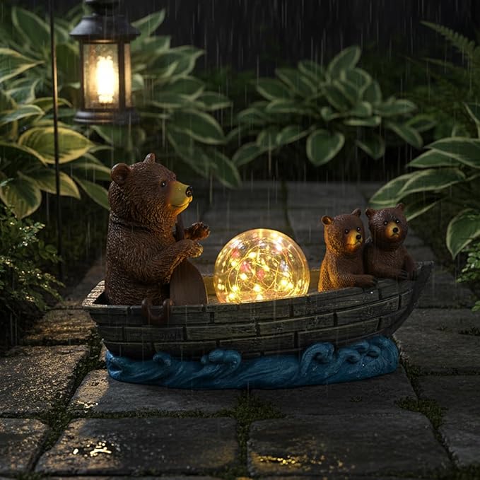 Solar Bears Boating Statue with Ball Light 5" Resin Bear Figurines Waterproof Bear Decorations for Home Yard Patio Porch Balcony Best Garden Gifts for Women Mothers Grandmothers Sisters