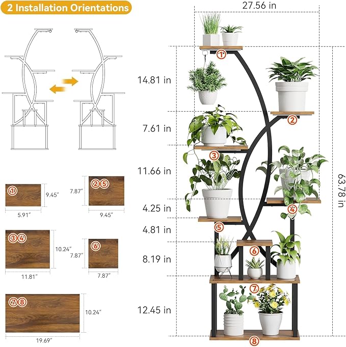 Plant Stand Indoor,8-Tier 65 inch Tall Plant Shelf for Indoor Plants with Grow Light, Plant Shelf with Adjustable Brightness & Timer,Modern Metal Plant Display Rack for Living Room/Patio