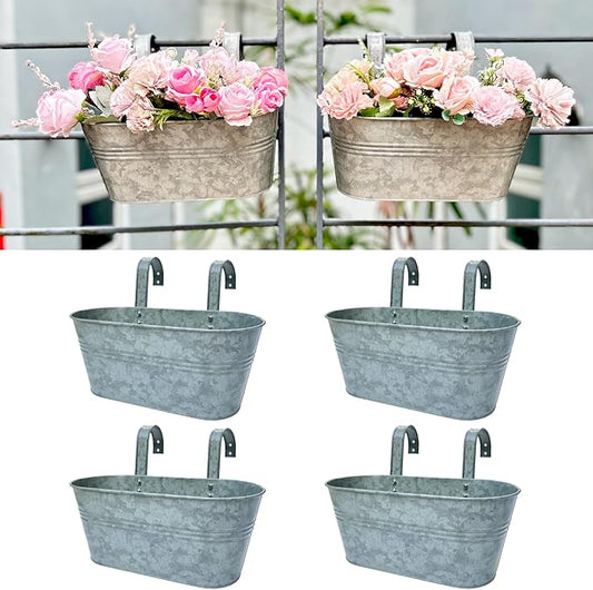 LaLaGreen Outdoor Rail Planter (11.2 Inch, 4 Pack) Silver Metal Iron Hanging Flower Pots Deck Railings Fence Buckets Modern Countryside Boho Style Wall Mount Window Box Plant Holder Hooks Porch Decor