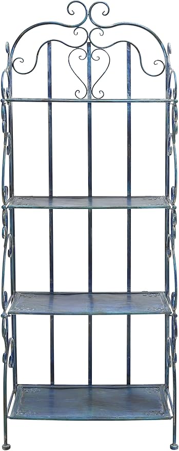 SAFAVIEH Outdoor Collection Tyrique Victorian Mossy Blue Wrought Iron 4-Tier Shelf Unit