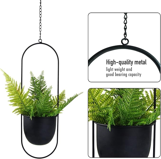 Metal Oval Hanging Planter, Set of 2 Black Geometric Plant Hangers with 6 inch Flower Pots in Oval Shape, Modern Wall and Ceiling Plant Holders for Indoor Outdoor Plants Home Décor