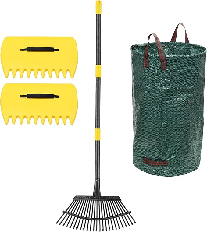 Rake for Leaves, 25 Tines 18" Wide Metal Rake with 32 Gallon Lawn and Leaf Bags & Leaf Scoops for Garden Adult Kids Lawn Shrub Yard Landscape Heavy Duty Long Handle 30-60
