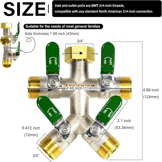 Heavy Duty Brass Garden Hose Splitter, Freeze and Sun Resistant Outdoor Faucet 4 Way Valve, Nickel Plated for Rust Resistance, 3/4” GHT (green)