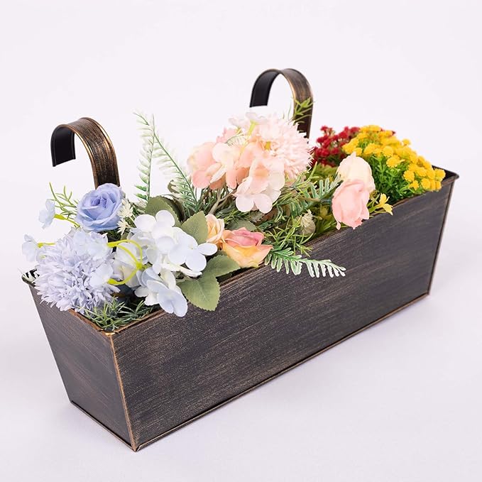 Hanging Planters for Outdoor Plants 16 Inch Railing Planter Box for Balcony Deck Window Metal Rectangular Fence Flower Pots with Drainage Holes for Patio Porch Outside Garden Decor(3 Pack)
