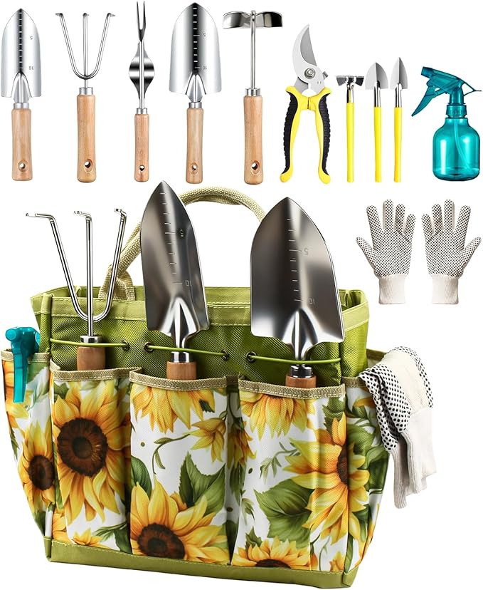Garden Tools Set 12-Piece, MOSFiATA Gardening Tools Kit with Comfortable Handle, Heavy Duty Soil Shovel, Transplant Trowel, Weeder, Hand rake, Professional Pruner Sprayer Gloves with Organizer Bag