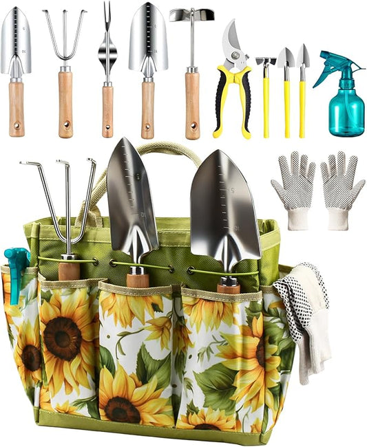 Garden Tools Set 12-Piece, MOSFiATA Gardening Tools Kit with Comfortable Handle, Heavy Duty Soil Shovel, Transplant Trowel, Weeder, Hand rake, Professional Pruner Sprayer Gloves with Organizer Bag