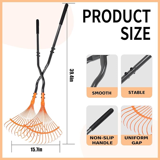 Garden Rake, Black Orange Plastic Fan Design, Heavy Duty Lawn Leaf Collection Tool