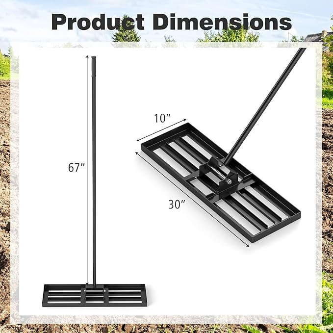 30" x 10" Lawn Leveling Rake, Heavy Duty Landscape Rake with 67" Handle, Non-Slip Grip & Flat Head, Space-Saving Lawn Level Tool for Garden, Backyard, Golf Course & Sports Field(Black)
