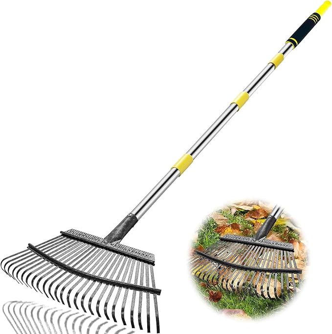 Rake Heavy Duty 6FT Long Garden Rakes , 18.5 Inch Wide Leaf Rake for Lawns, 25 Metal Tines, Adjustable Stainless Steel Handle for Leaves, Yards, Grass, Garbage, Weeds, Debris (Yellow)