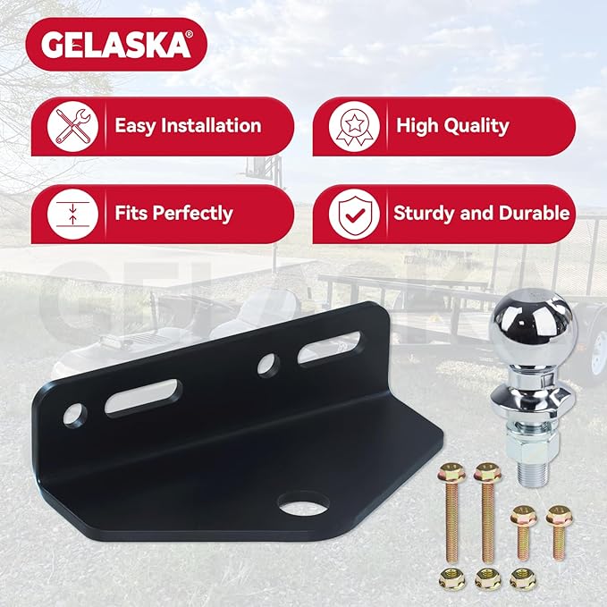 GELASKA Lawn Mower Hitch Kit with Chrome Trailer Hitch Ball, 3/4 x 2 inch Hitch Ball, Garden Tractor Pro Hi Hitch, Garden Tractor Pro Hi Hitch with Mounting Kit and Tool Kit (4 Carriage Bolt, 3 Nuts)