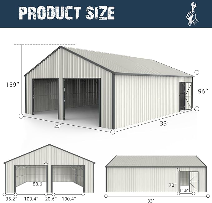 25x33 Outdoor Storage Shed, Extra Large Metal Garage Building, Heavy Duty Double Garage Shed with Side Door & 16 GA Steel Frame, Waterproof 2 Car Sheds for Car, Truck, Bike, Tool Storage, Cream