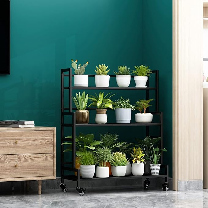 Plant Stand Indoor 3 Tier Metal Outdoor Tiered Stands Shelf With wheel for Multiple Plants Potted Ladder Plant Holder Table Plant Pot Stand for Window Garden Balcony Living Room (3 Tier-Black)