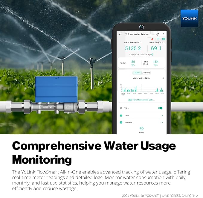 NSF Certified YoLink FlowSmart All-in-One Smart Water Meter & Auto Shutoff for 1.25" Pipes, LoRa Long-Range, Real-Time Leak Detection, 10-Year Battery, 80+ Device Ecosystem, Hub Required