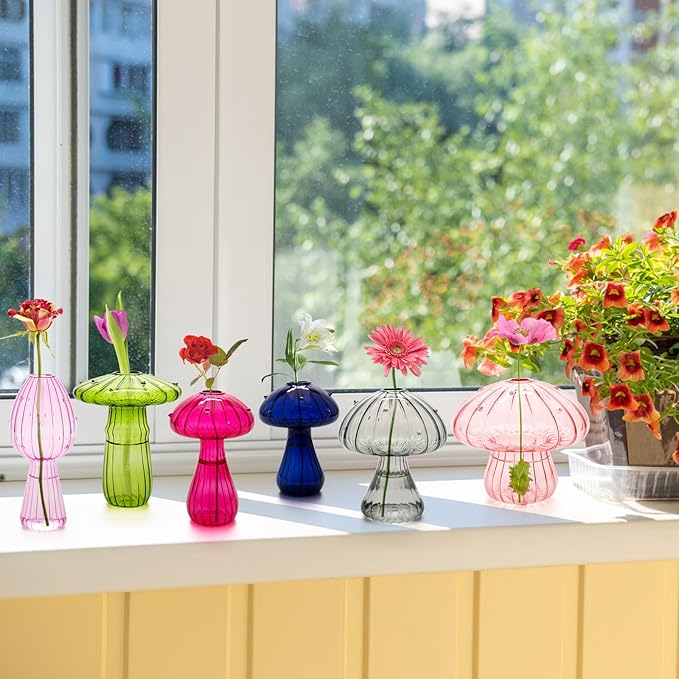 6Pcs Mushroom Vase, Colored Glass Mushroom Propagation Vases for Plants, Cute Hydroponic Flower Small Bud Vase Home Office Decor for Women Gift Propagation Station(Color 6)