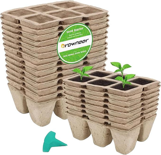 GROWNEER 144 Cells Peat Pots Seed Starter Trays 24 Packs Biodegradable Seedling Pots Germination Trays Organic Plant Starter Kit with 15 Pcs Plant Labels