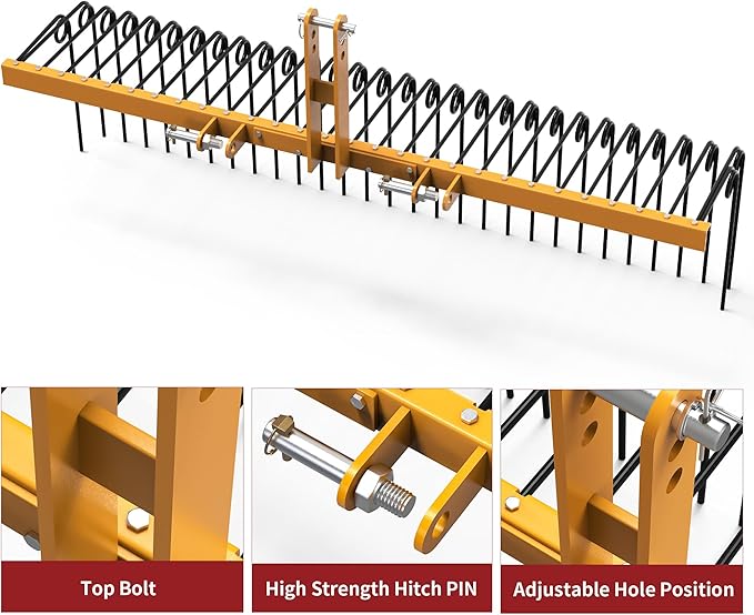 YITAMOTOR 72" Tow Behind Landscape Rake, 3 Point Quick Hitch Lawn Dethatcher Rakes with 32 Steel Tines for Category 1 Tractors, Heavy Duty Powder Coated Finish Tools for Leaves, Pine Needles, Straw