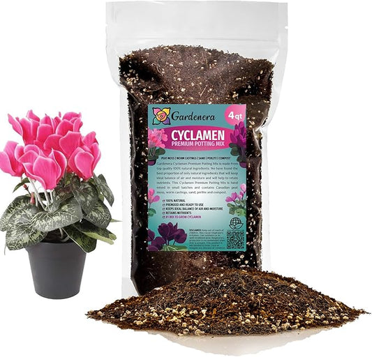 Gardenera Premium Cyclamen Potting Soil Mix - Perfect Balance of Nutrients, Drainage, and Aeration for Thriving Blooms - 4 Quart