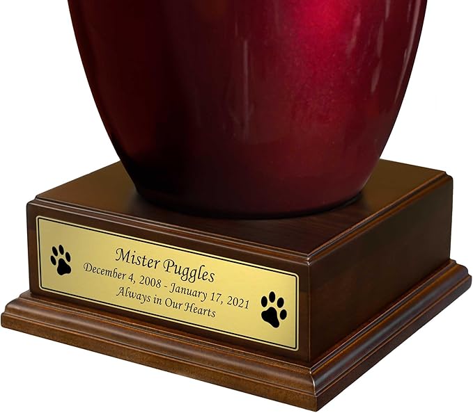 Mainely Urns Polished Walnut Wood Finished Pet Cremation Urn Pedestal With Gold Nameplate for Pet Ashes Display Memorial Stand Non-Personalized Pet Urn Base (Gold Pet Pedestal)