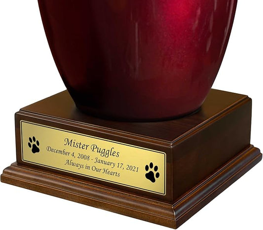 Mainely Urns Polished Walnut Wood Finished Pet Cremation Urn Pedestal With Gold Nameplate for Pet Ashes Display Memorial Stand Non-Personalized Pet Urn Base (Gold Pet Pedestal)