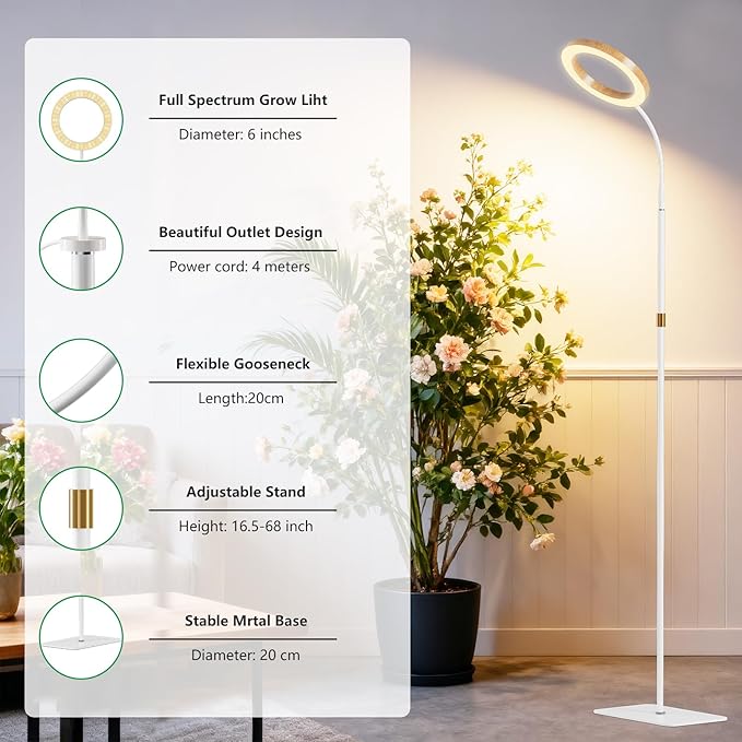 Full Spectrum Grow Light with Stand for Indoor Plants, Floor Plant Light, 6/12/18H Timer, 3 Color Modes, Adjustable Height 16.5–68in, for Large Plants & Home Décor(1 Head,Faux Wood Grain)