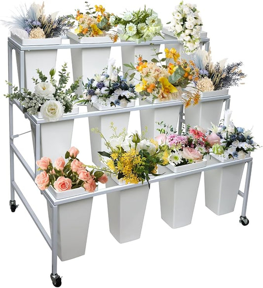 Flower Display Stand with Buckets, 3 Layers 12PCS Buckets Metal Flower Cart Display Stand with Wheels, for Patio Garden, Living Room (3 Layers White Square Bucket)