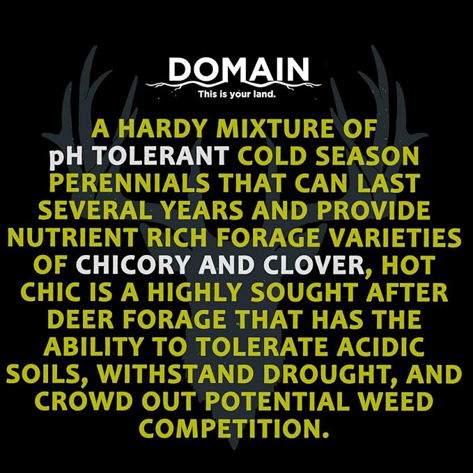 Domain Outdoor Hot Chic Food Plot Seeds for Deer, Chicory - 2 Varieties of Clover, Great to Plant in Spring or Fall, Hardy Mixture of PH Tolerant Perennials, Can Last Several Years, 1/2 Acre