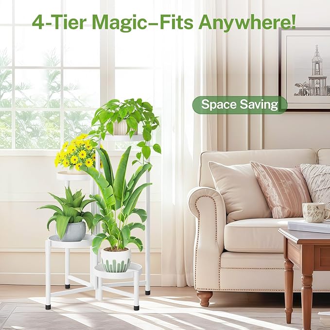 iDavosic.ly Plant Stand Indoor Outdoor, 4 Tier Corner Metal Flower Display Holder Shelf, Easy Assembly Folding Tall Orchid Rack for Patio Balcony Porch Garden Living Room House, White