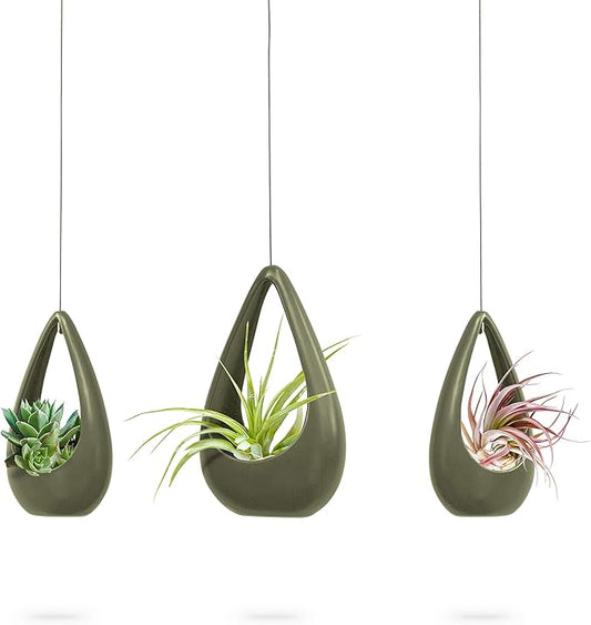23 Bees, Hanging Air Plant Holder, Green Hanger Ceramic Planter, Small Floating Succulent Pots Container, Cactus Holders with Metal Wire, 3 Pack (3 Pack x Green)