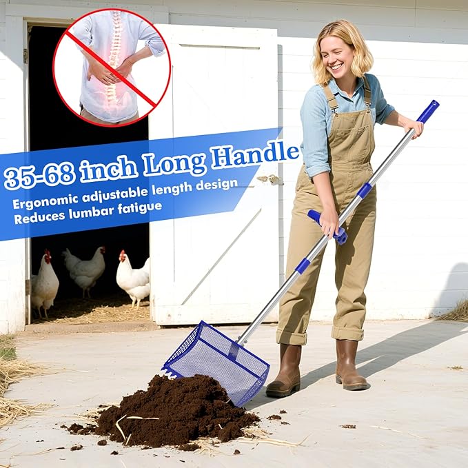 Chicken Poop Scooper & Rake 2-in-1,304 Stainless Steel Shovel Head, Chicken Litter Scoop with Handle for Chicken Coop & Pet Waste Cleaning, Litter Sifting Shovel (35 to 65") (Blue, 12inch)
