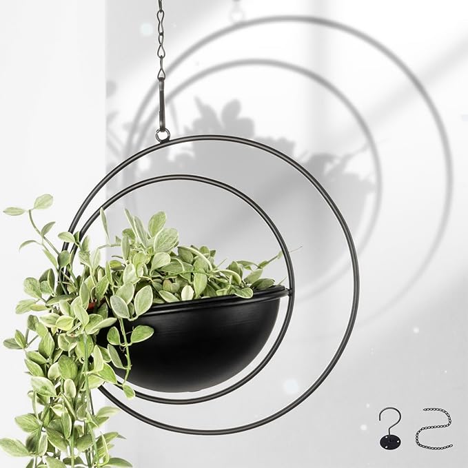 Hajia 1 Pack Moon Shaped Hanging Plant Holder with 8 Inch Detachable Pot, Black Metal Plant Hanger for Indoor Outdoor, Minimalist Hanging Planter for Wall Ceiling Decor.（with Drainage Holes）