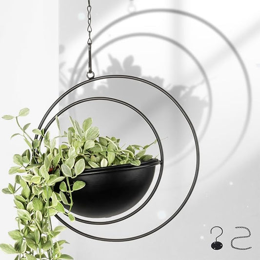 Hajia 1 Pack Moon Shaped Hanging Plant Holder with 8 Inch Detachable Pot, Black Metal Plant Hanger for Indoor Outdoor, Minimalist Hanging Planter for Wall Ceiling Decor.（with Drainage Holes）
