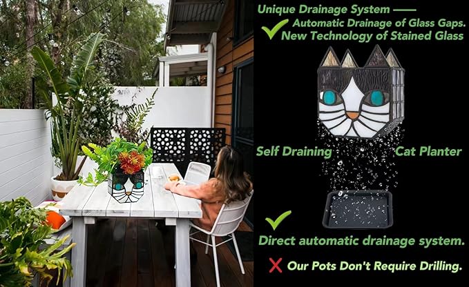 Tiffany Cute Cat Stained Glass Flower Pots,Indoor and Outdoor Plant Displays,Cat Plant Planter,Candle Holder Container Decoration 4.6 x 5.15 x 2.3 inch(11.7 x 13.1 x 5.8 CM)(Without Succulents)Black