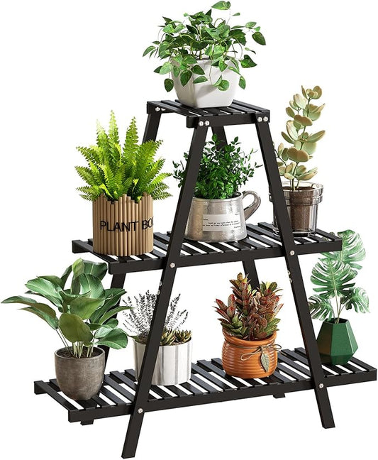 GHWIE Plant Stand Indoor Plant Shelf Outdoor bamboo Plant Rack, 3 Tiers Ladder Plant Holder Flower Stand for Living Room Balcony Garden Patio,Living Room Boho Home Decor for Gardening Gifts (Black)