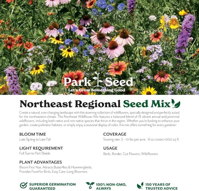 Park Seed Grow Your Own Vibrant Annual and Perennial Wildflower Garden Seeds Mixture, Easy to Grow Varieties for Pollinators and Spring Gardens - Northeast Regional Mix, 1/4 lb