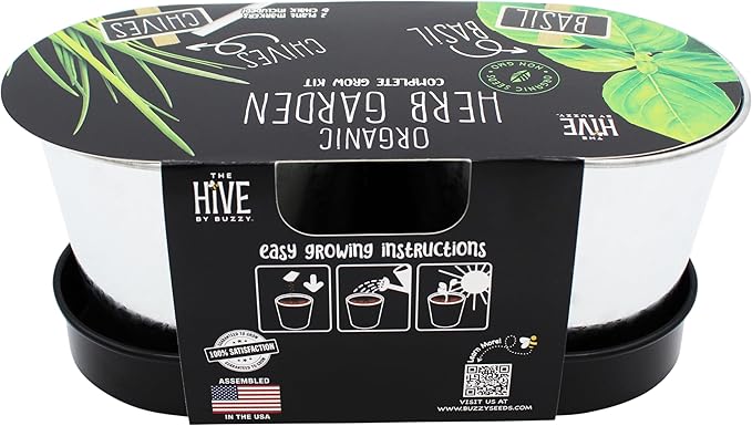 BUZZY Seeds Kitchen Herb Garden Kit with 2-Pot Metal Planters with Plant Markers, Organic Basil and Chive Seeds, Coconut Husk Growing Medium, Indoor Countertop Gardening Gift