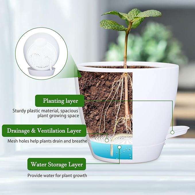 Hanging Planters for Indoor Plants, 2 Set Self Watering Hanging Flower Pots, Modern Hanging Plant Baskets with Metal Plant Holder & 6.5 Inch Plastic Pots for Garden Home Decor (White)