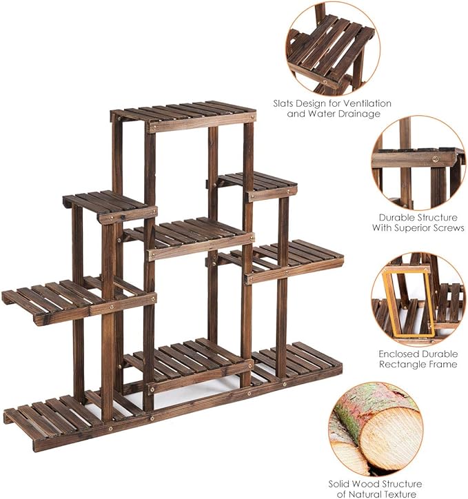 Giantex Flower Rack Wood Plant Stand Wood Shelves Bonsai Display Shelf Indoor Outdoor Yard Garden Patio Multifunctional Storage Rack Bookshelf W/Hollow-Out Rack (47.5”Lx 10’’Wx 38’’H (6 Tier))