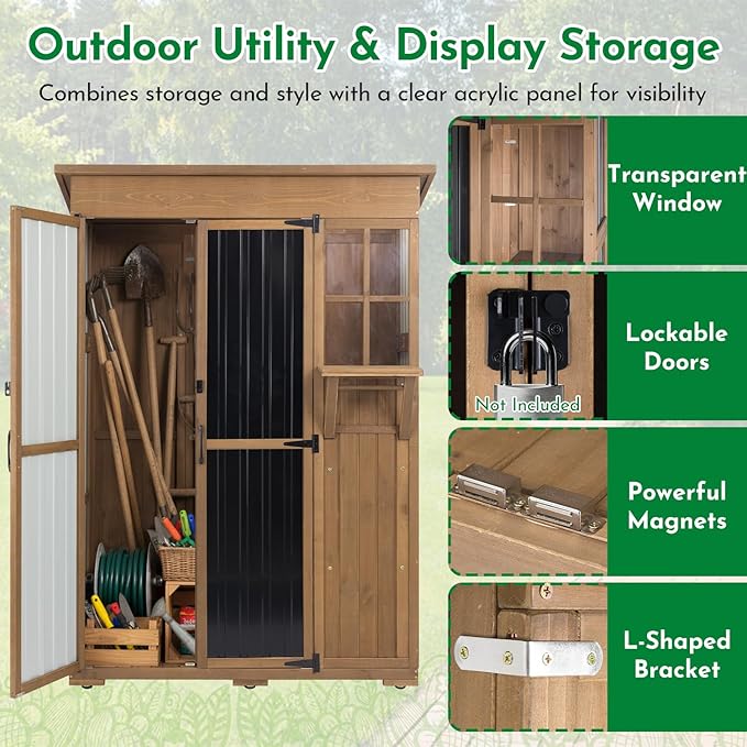 Outdoor Storage Cabinet, Large Wood & Metal Garden Shed with Foldable Table, Weather-Resistant Asphalt Roof, Lockable Doors & Adjustable Feet for Patio, Backyard, or Garage (47"L x 20"W x 70"H)