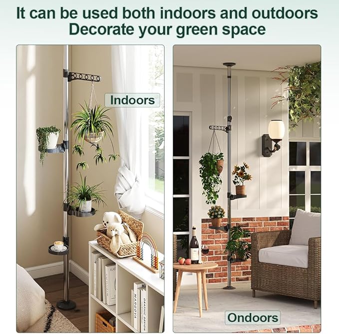 Hershii 5-Layer Indoor Plant Stand Pole Spring Tension Rod Corner Flower Display Rack Holder Adjustable Telescopic Floor to Ceiling Shelf Space Saving - Grey