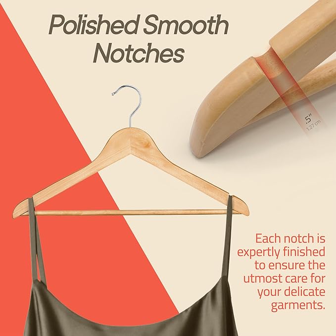 Natural Wooden Hangers 10 Pack – Heavy-Duty with 360° Swivel Hook, Non-Slip, Pants Bar & Shoulder Grooves - Wooden Hangers for Suits, Jackets, Dresses & Camisoles, Space-Saving and Smooth Finish